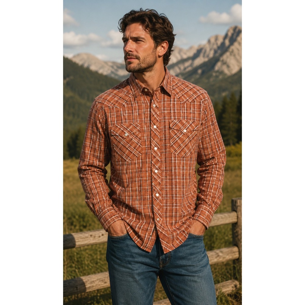 LUCKY BRAND Men's XL Orange Yellow White Plaid Western Long Sleeve Shirt -1056